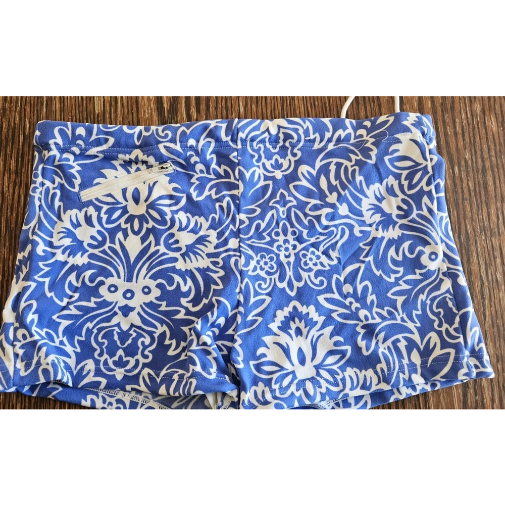 Vtg 60s 70s Mens Sz 35 St. MICHAEL Swim Trunk Suit Blue Flower Square Short EUC